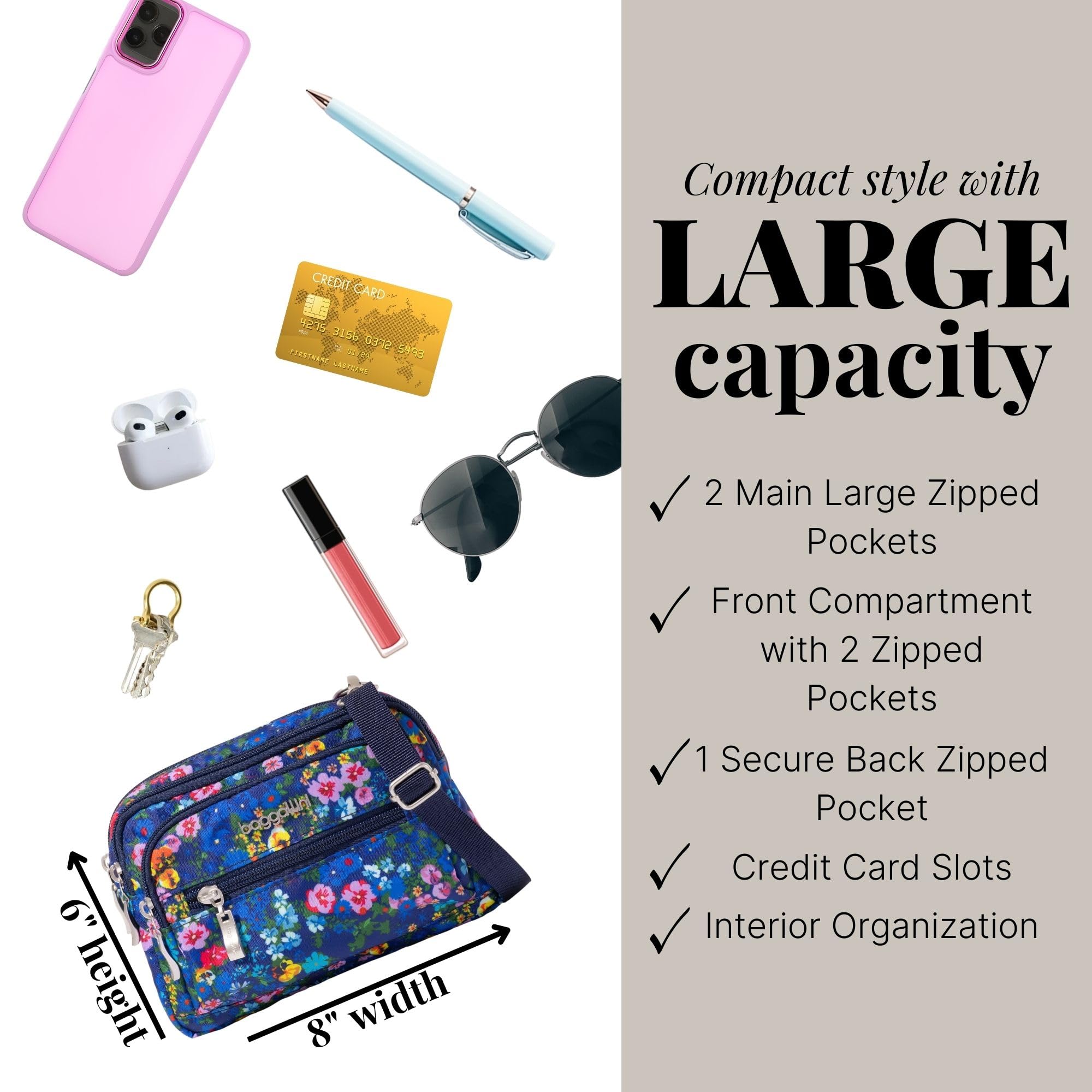 Baggallini Triple Zip Small Crossbody Bag for Women - 8x6 Lightweight Convertible Fanny Pack Belt Bag - Image 3