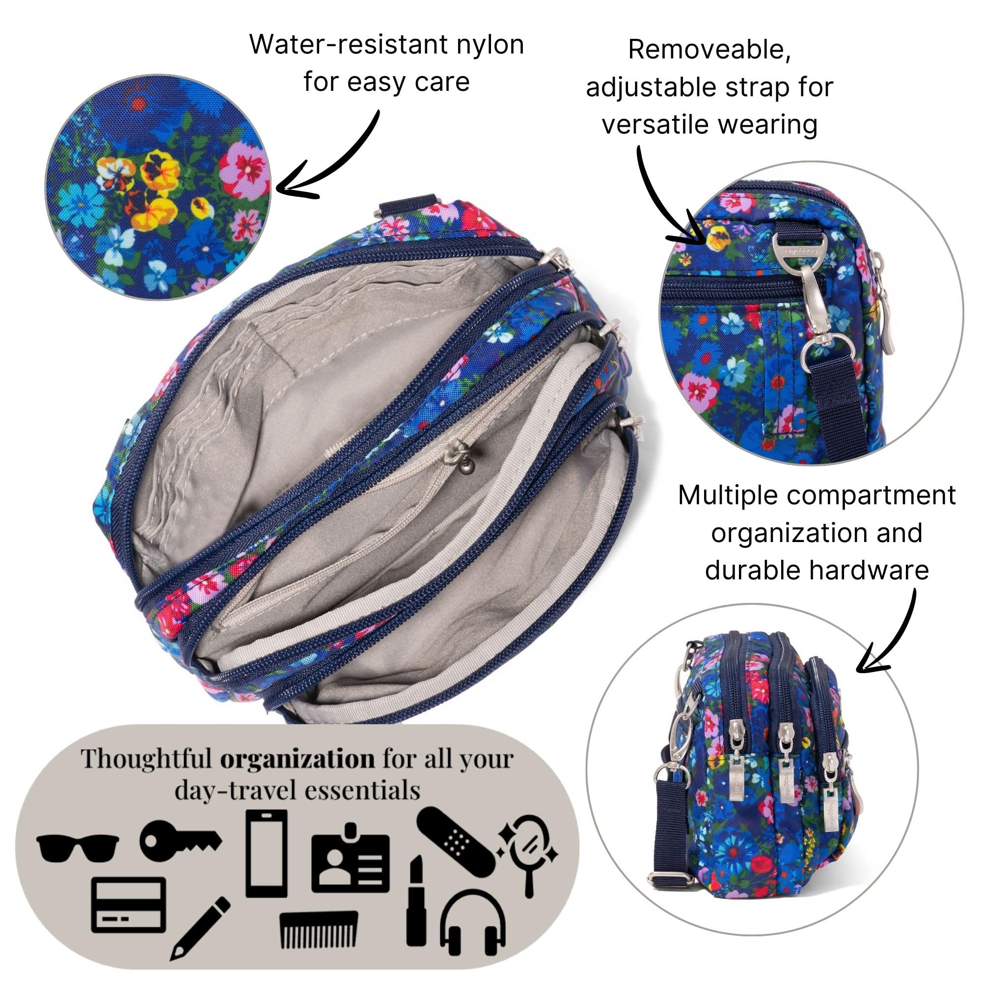 Baggallini Triple Zip Small Crossbody Bag for Women - 8x6 Lightweight Convertible Fanny Pack Belt Bag - Image 4