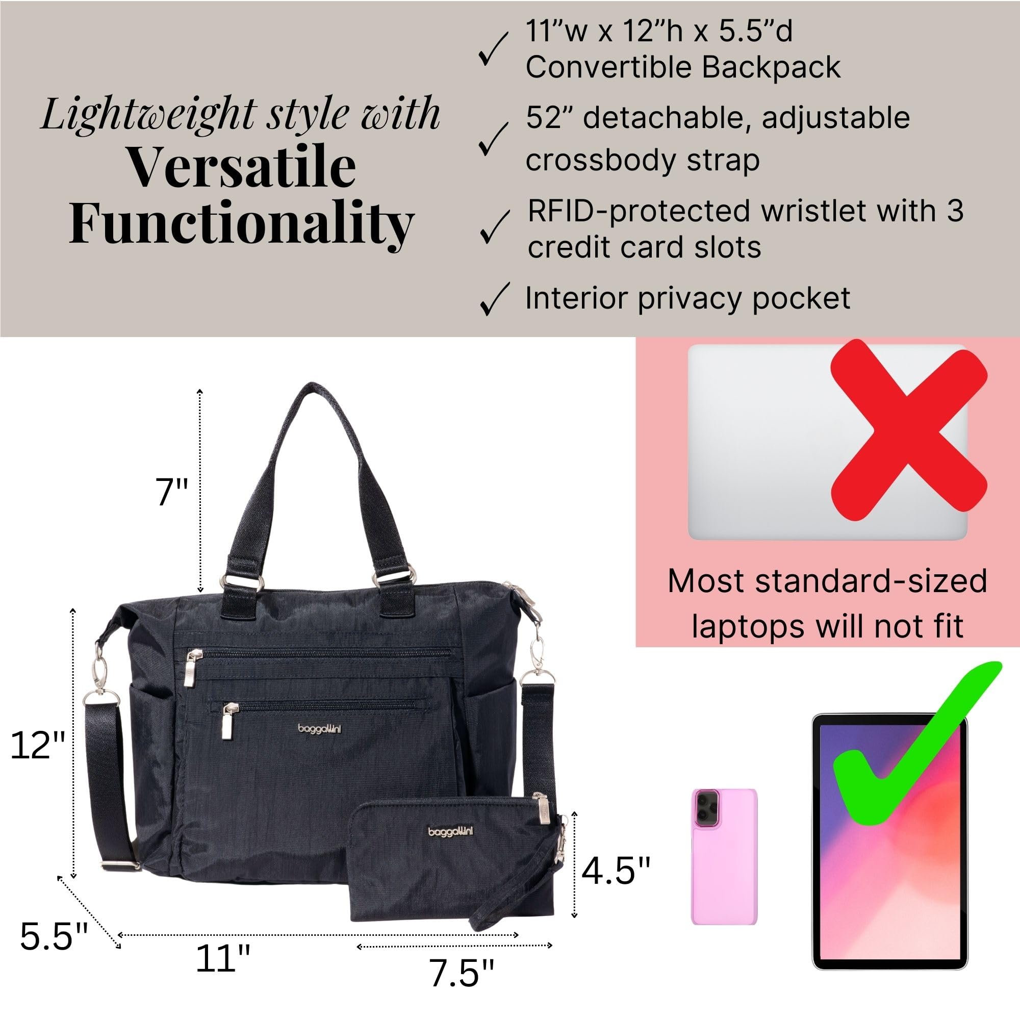 Baggallini Women's Baggallini Trifecta Convertible Backpack Crossbody Tote Bag - 11x12" Lightweight Travel Bag W/Rfid Phone Wristlet - Image 4