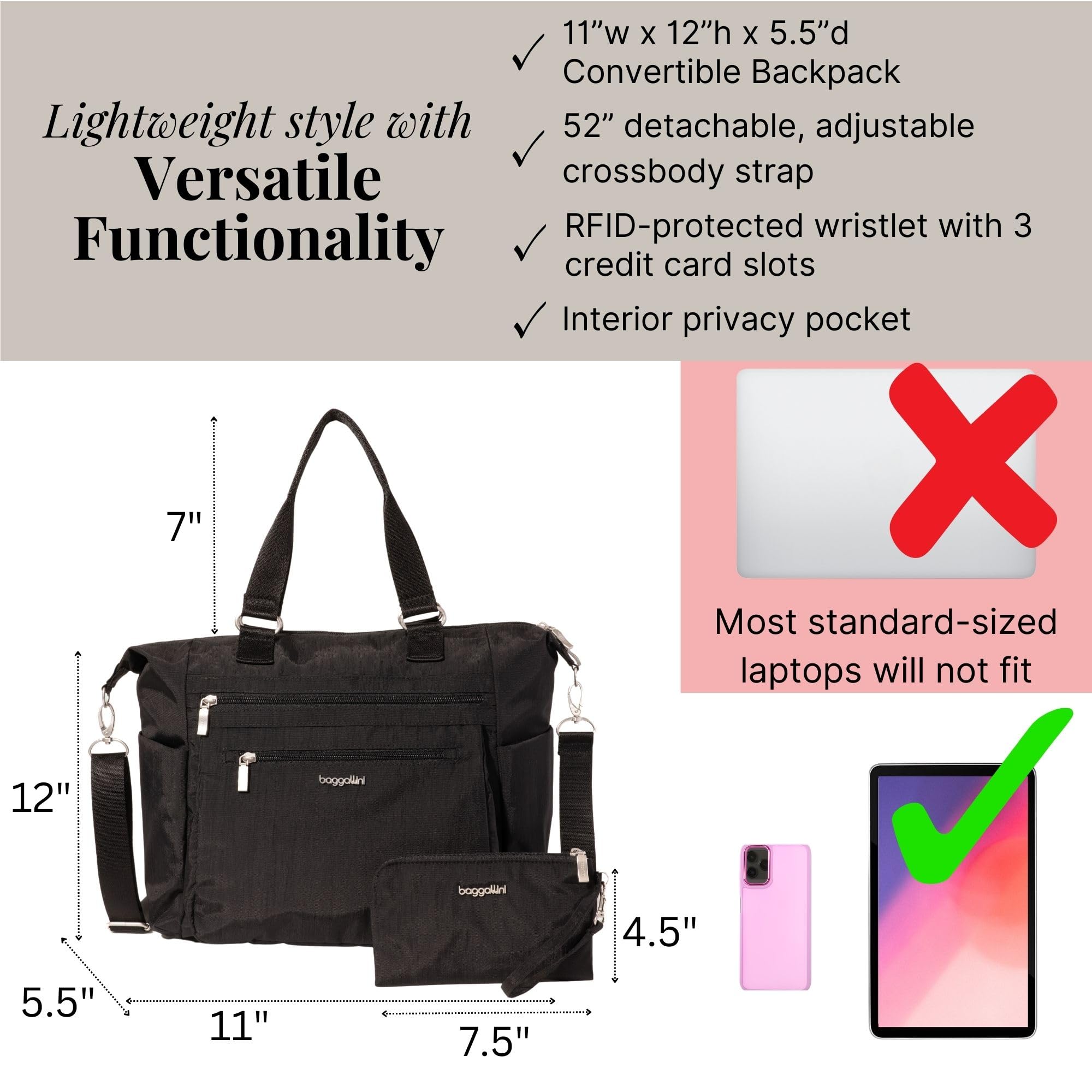 Baggallini Women's Baggallini Trifecta Convertible Backpack Crossbody Tote Bag - 11x12" Lightweight Travel Bag W/Rfid Phone Wristlet - Image 4