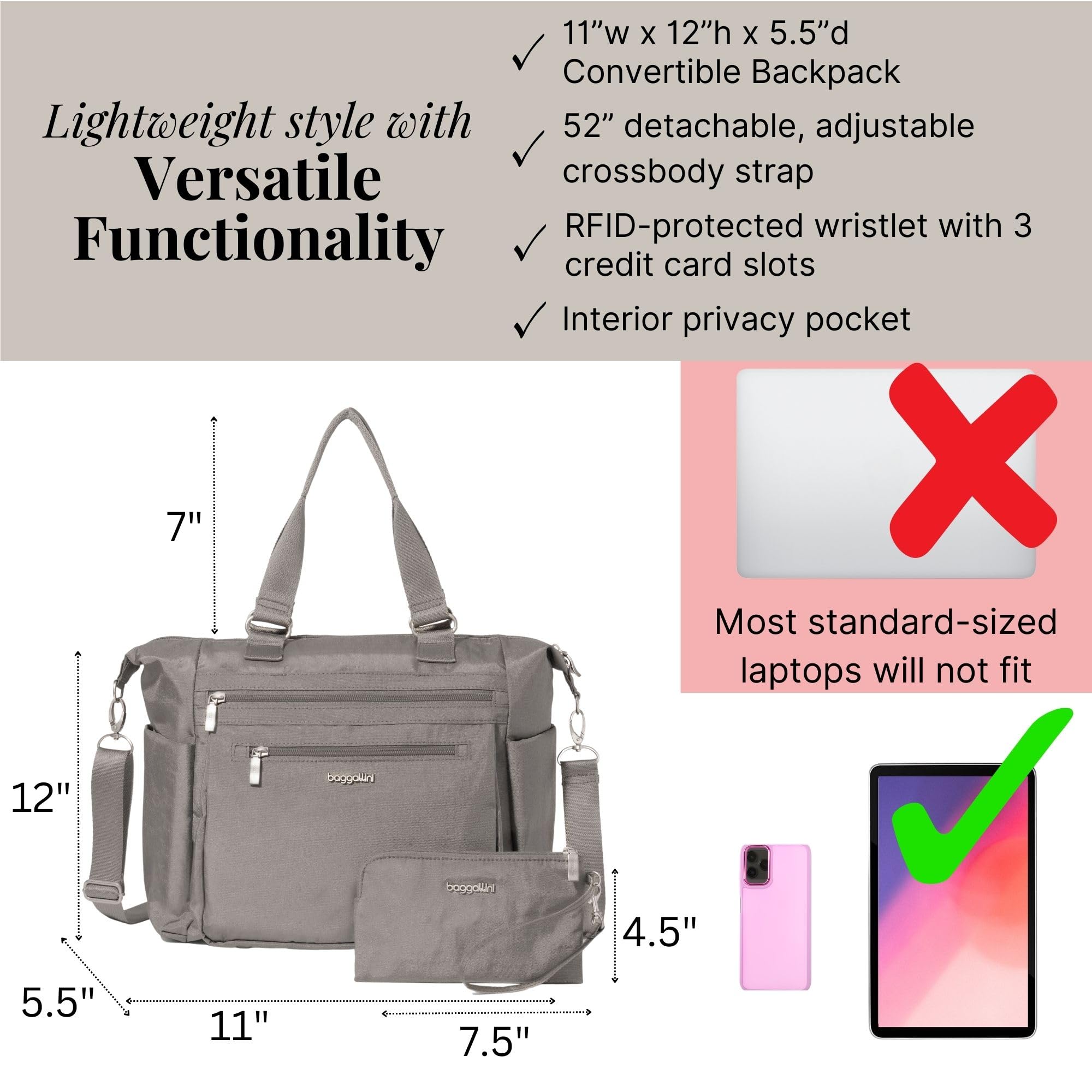 Baggallini Women's Baggallini Trifecta Convertible Backpack Crossbody Tote Bag - 11x12" Lightweight Travel Bag W/Rfid Phone Wristlet - Image 4