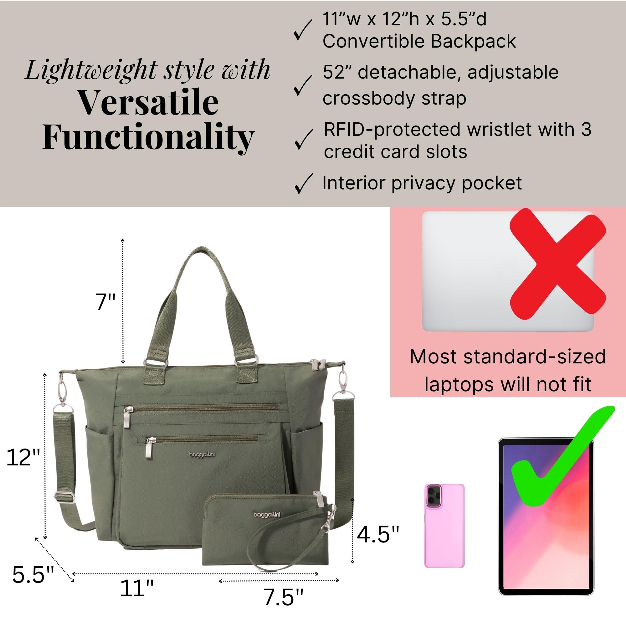Baggallini Women's Baggallini Trifecta Convertible Backpack Crossbody Tote Bag - 11x12" Lightweight Travel Bag W/Rfid Phone Wristlet - Image 4