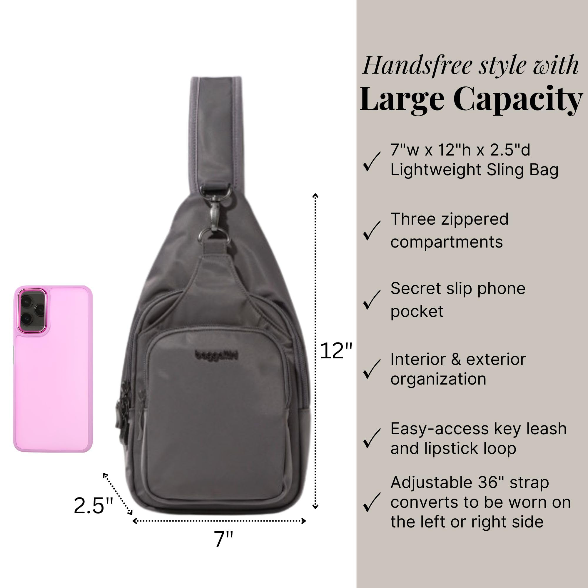 Baggallini Women's Central Park Sling 12"x7" Crossbody Bag W/Convertible Adjustable Shoulder Strap - Image 4