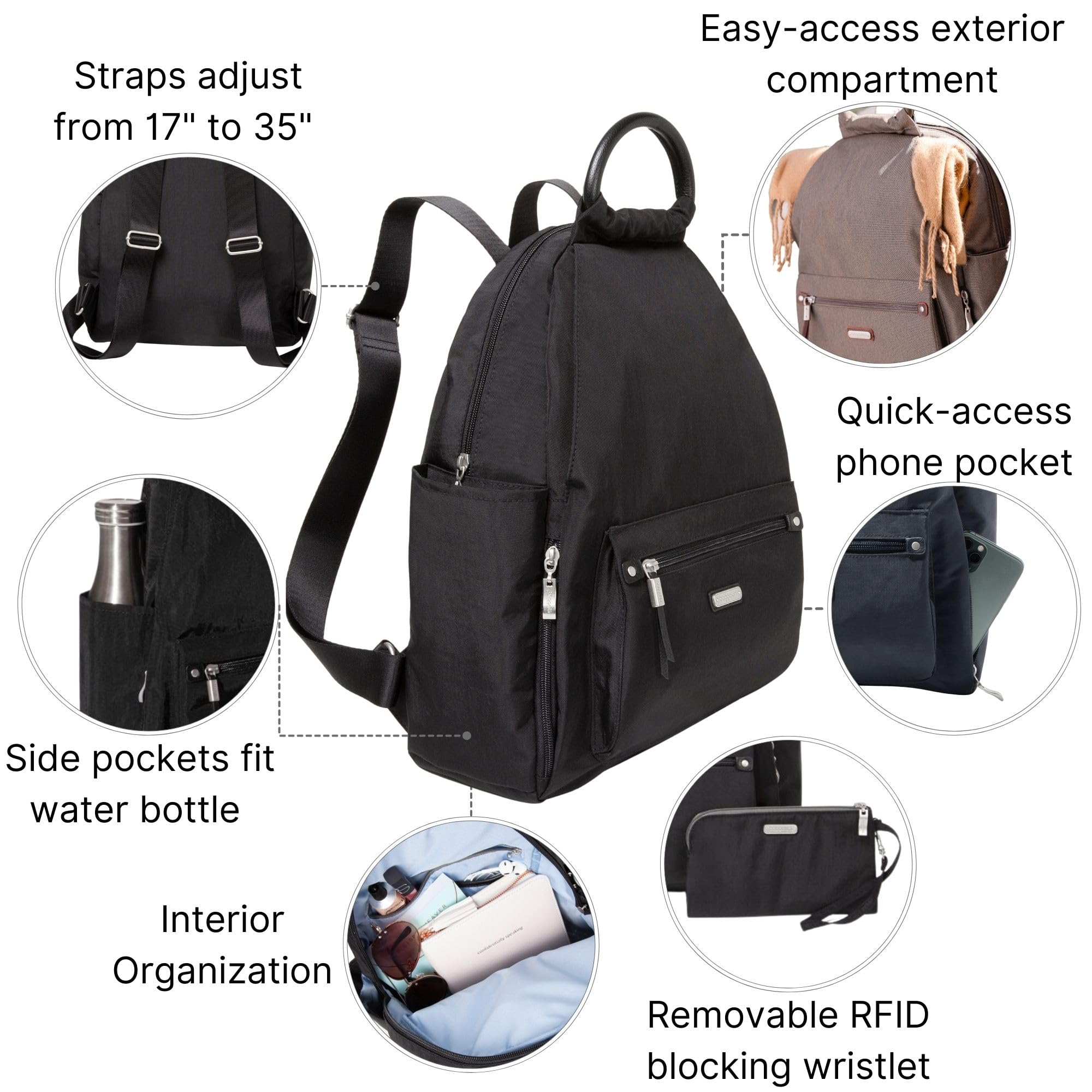 Baggallini womens New Classic "Heritage" With Rfid Phone Wristlet All Day Backpack, Black, One Size US - Image 3