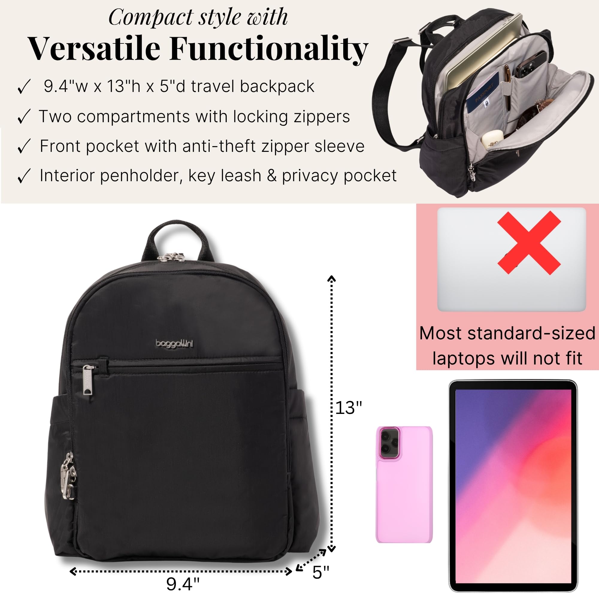 Securtex Anti-Theft Getaway Backpack - 9.4"x13"x5" Travel Safe Bag w/Locking Zippers, Slash-Resistant, RFID - Image 3