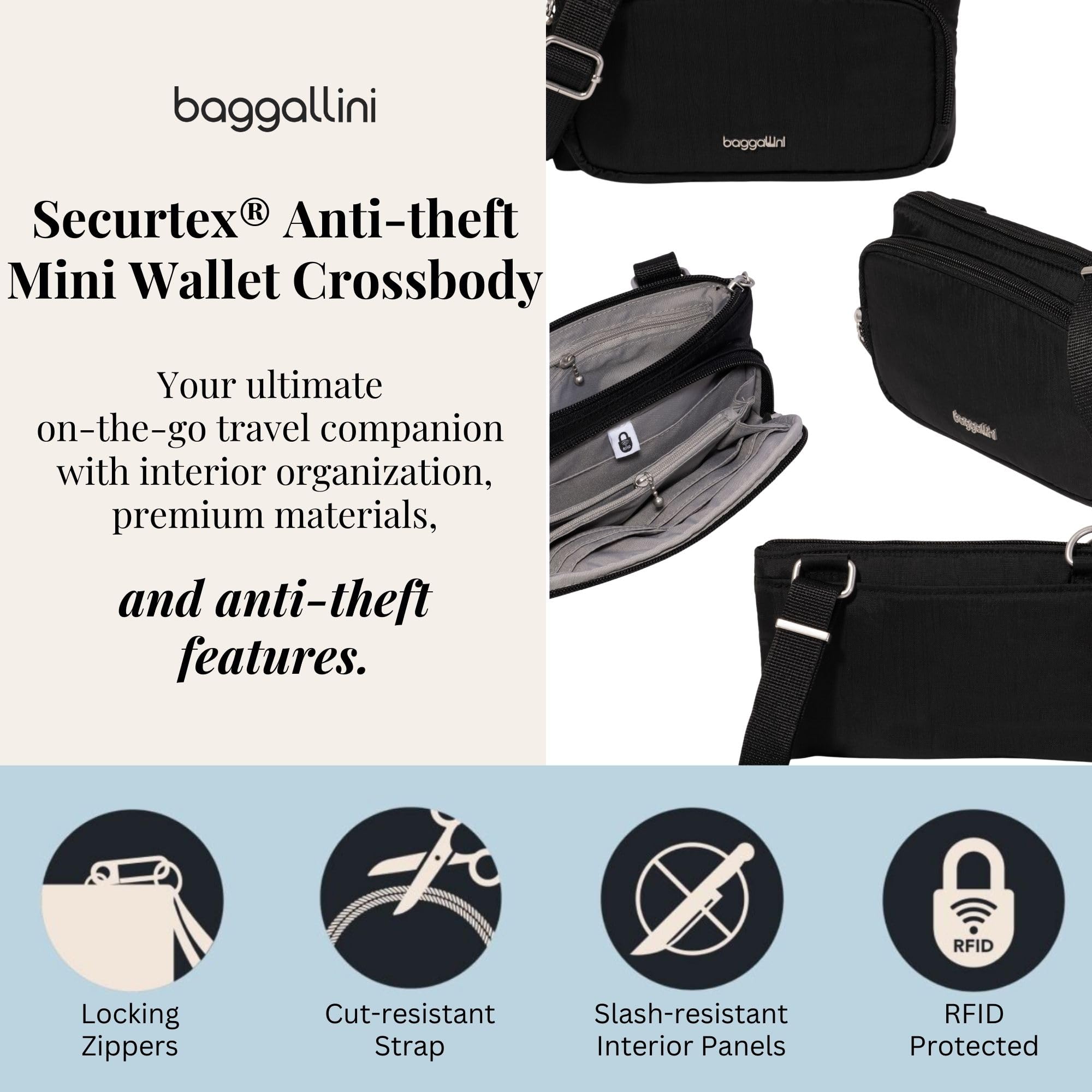 Securtex Anti-Theft Mini Wallet Crossbody - Lightweight 8.4"x4.5" Travel Safe Bag w/Locking Zippers, Slash-Resistant, RFID - Image 2
