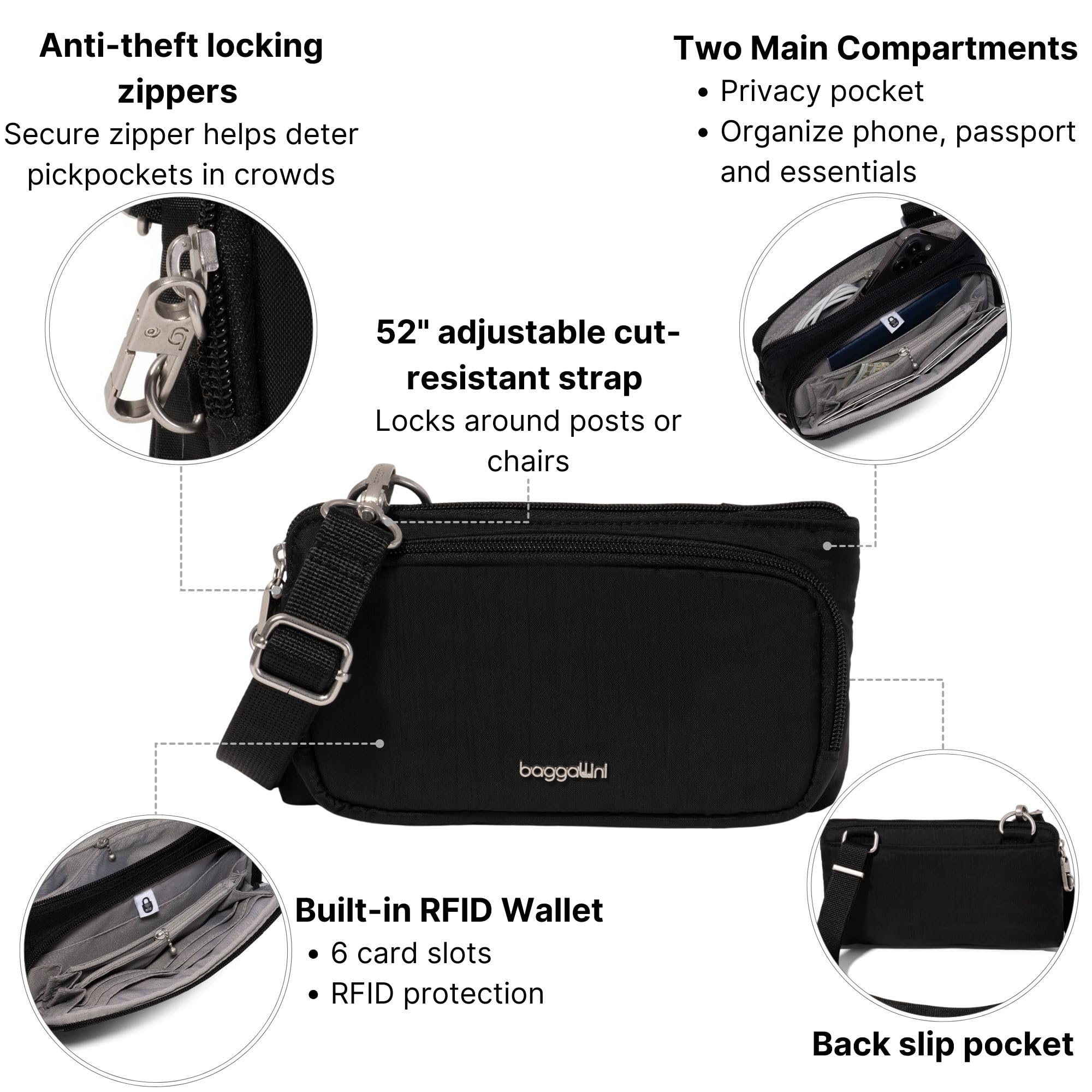 Securtex Anti-Theft Mini Wallet Crossbody - Lightweight 8.4"x4.5" Travel Safe Bag w/Locking Zippers, Slash-Resistant, RFID - Image 3